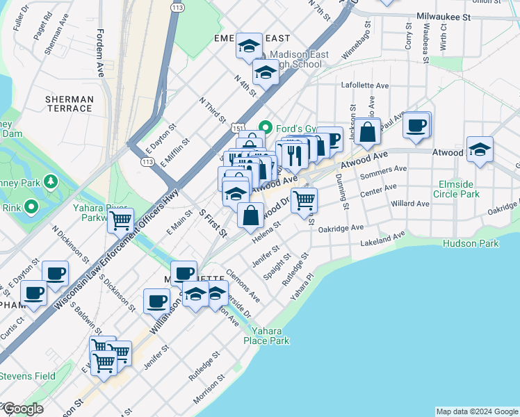 map of restaurants, bars, coffee shops, grocery stores, and more near in Madison