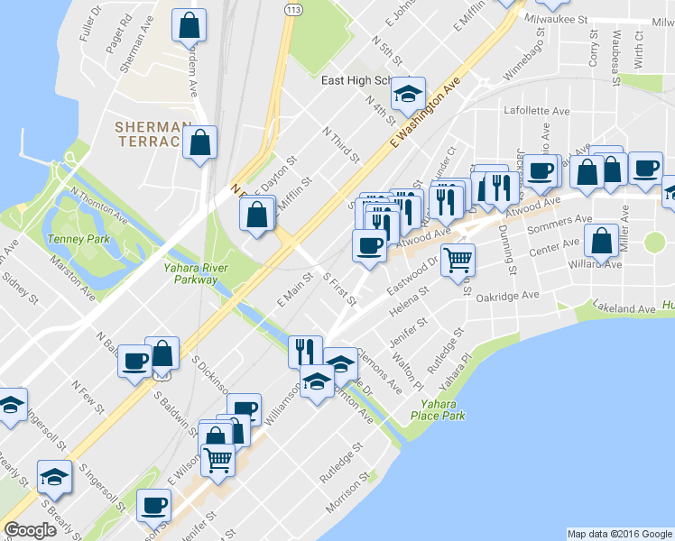map of restaurants, bars, coffee shops, grocery stores, and more near 161 South First Street in Madison