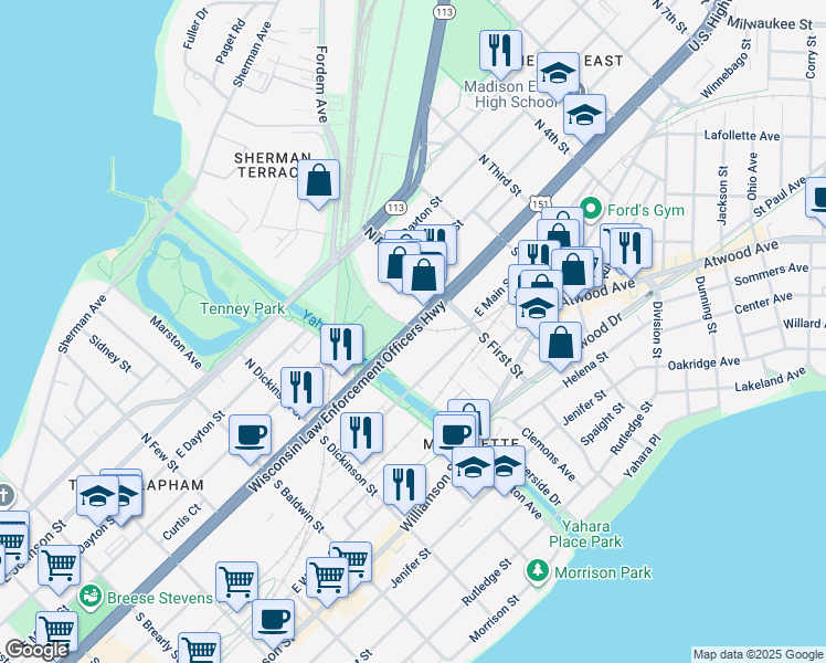 map of restaurants, bars, coffee shops, grocery stores, and more near 1830 E Washington Ave in Madison