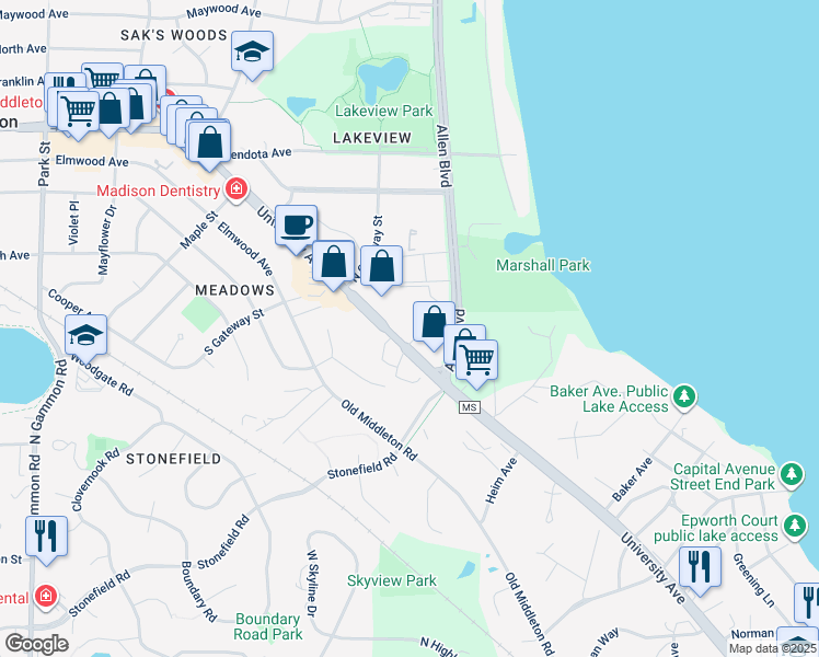 map of restaurants, bars, coffee shops, grocery stores, and more near 2050 Allen Boulevard in Middleton