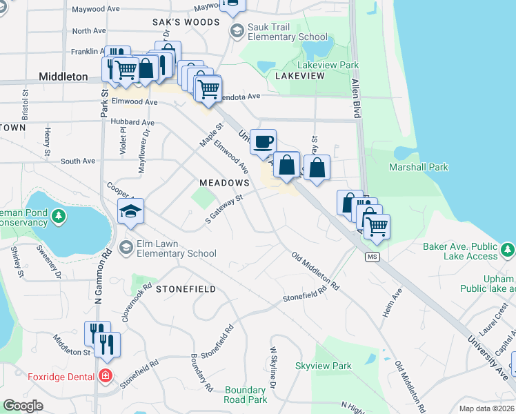 map of restaurants, bars, coffee shops, grocery stores, and more near 6310 Lakefield Court in Middleton