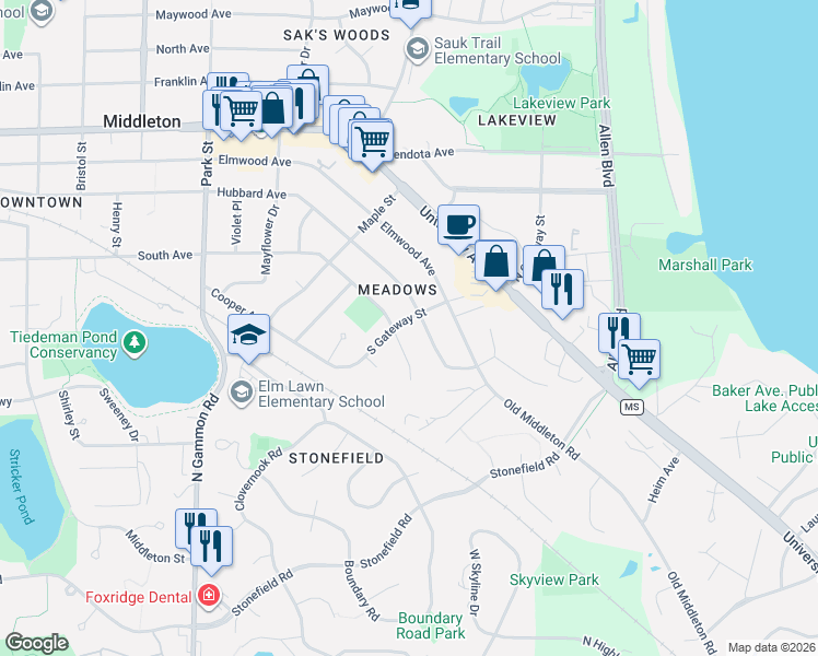 map of restaurants, bars, coffee shops, grocery stores, and more near 6410 South Avenue in Middleton