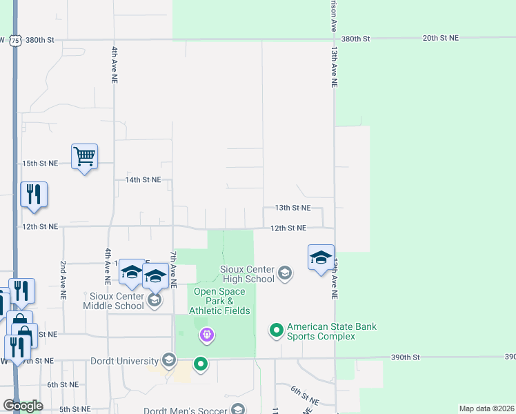 map of restaurants, bars, coffee shops, grocery stores, and more near 11th Avenue Northeast in Sioux Center