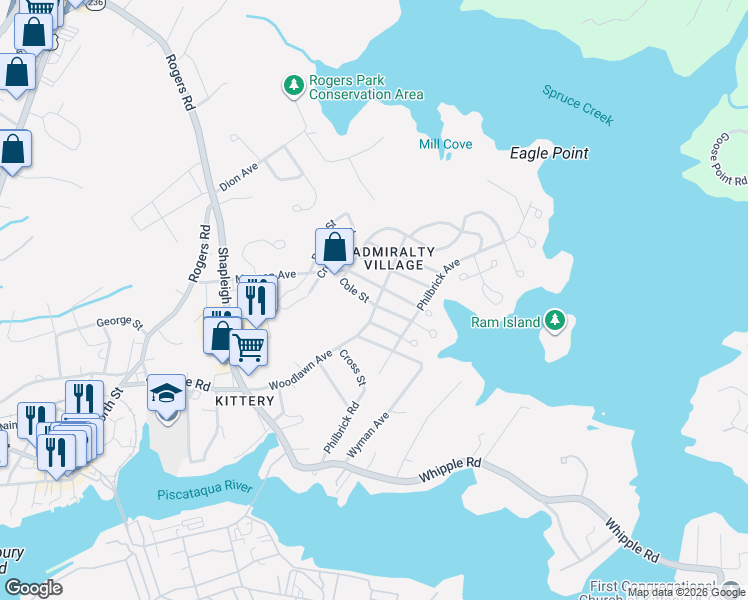 map of restaurants, bars, coffee shops, grocery stores, and more near 9 Dismukes Street in Kittery