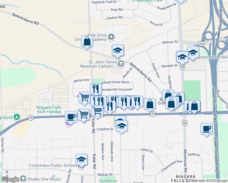 map of restaurants, bars, coffee shops, grocery stores, and more near 8116 Woodsview Crescent in Niagara Falls