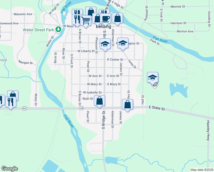 map of restaurants, bars, coffee shops, grocery stores, and more near 710 South Bridge Street in Belding