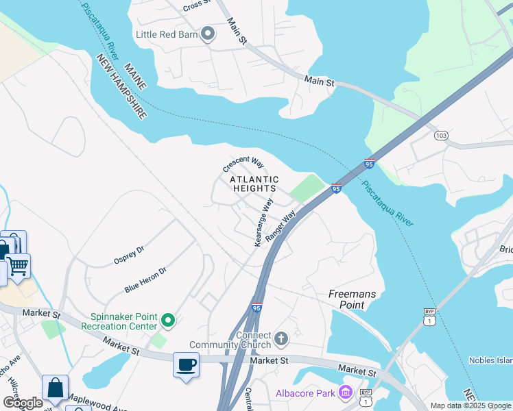 map of restaurants, bars, coffee shops, grocery stores, and more near 169 Concord Way in Portsmouth