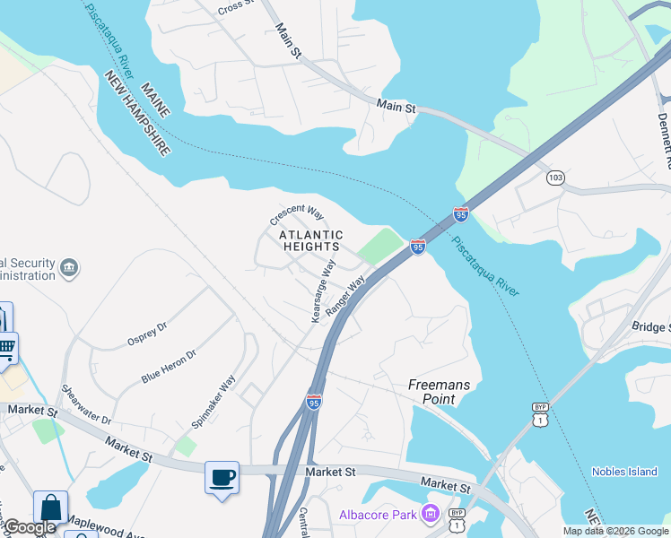 map of restaurants, bars, coffee shops, grocery stores, and more near 687 Kearsarge Way in Portsmouth