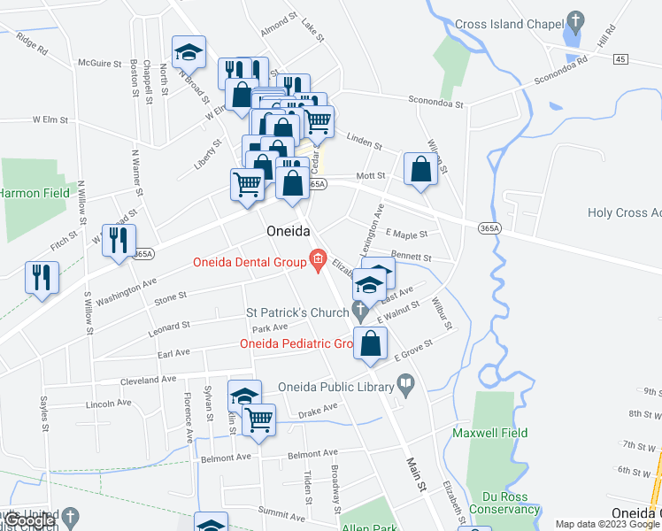 map of restaurants, bars, coffee shops, grocery stores, and more near 305 Main Street in Oneida