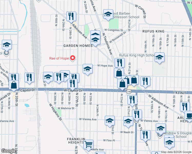 map of restaurants, bars, coffee shops, grocery stores, and more near 4116 North 24th Place in Milwaukee