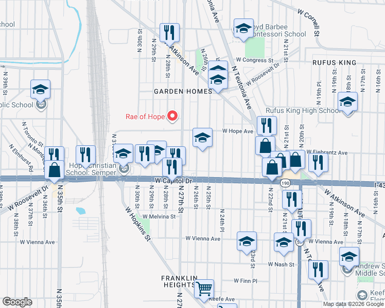 map of restaurants, bars, coffee shops, grocery stores, and more near 4114 North 27th Street in Milwaukee