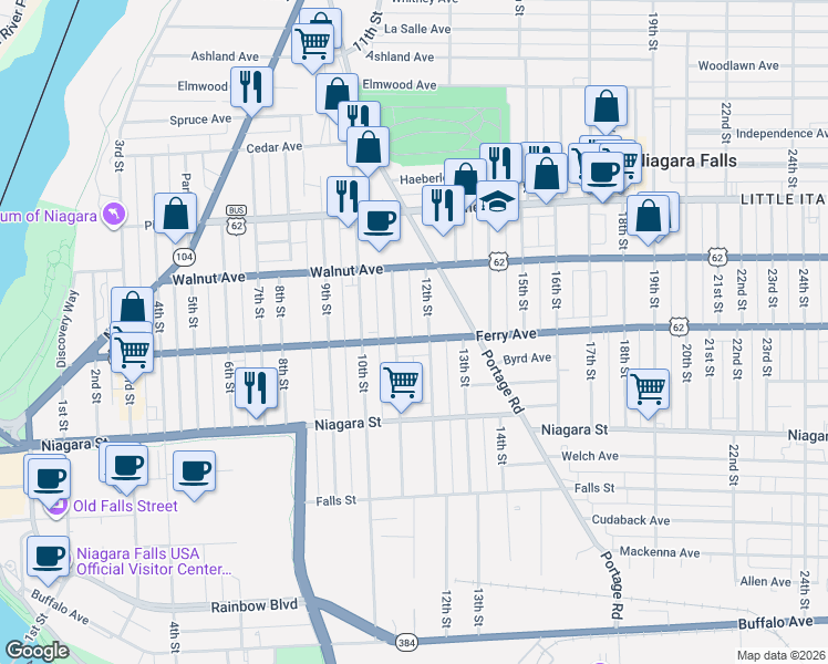 map of restaurants, bars, coffee shops, grocery stores, and more near 529 Memorial Parkway in Niagara Falls