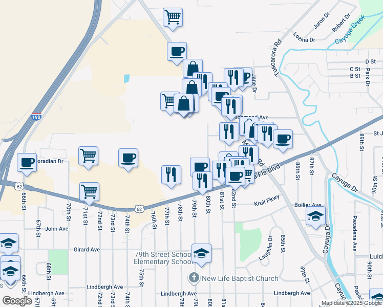 map of restaurants, bars, coffee shops, grocery stores, and more near 834 80th Street in Niagara Falls