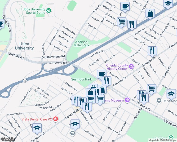 map of restaurants, bars, coffee shops, grocery stores, and more near 1669 Hager Street in Utica
