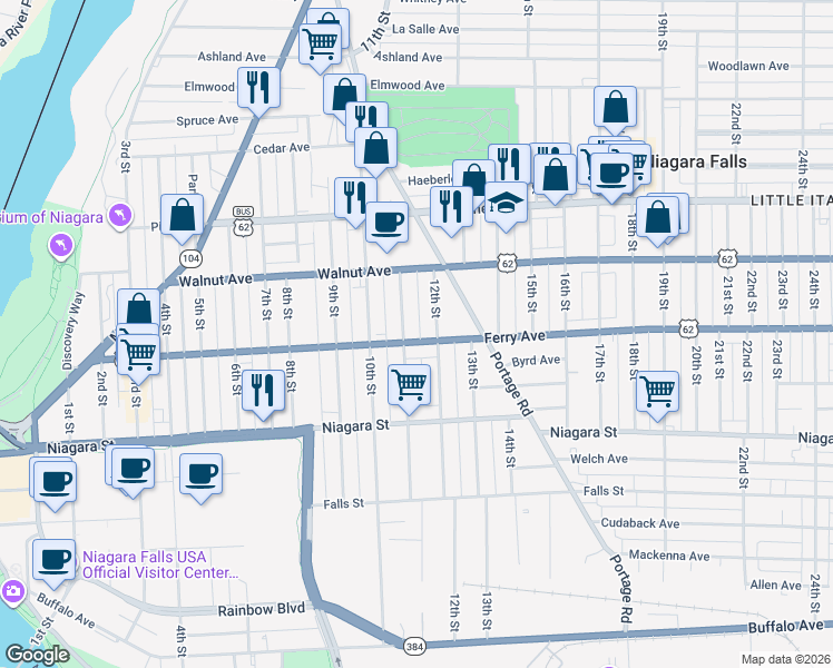 map of restaurants, bars, coffee shops, grocery stores, and more near 1112 Ferry Avenue in Niagara Falls
