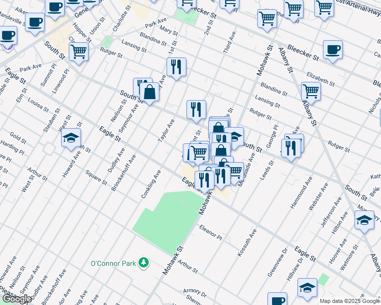 map of restaurants, bars, coffee shops, grocery stores, and more near 1122 Saint Vincent Street in Utica