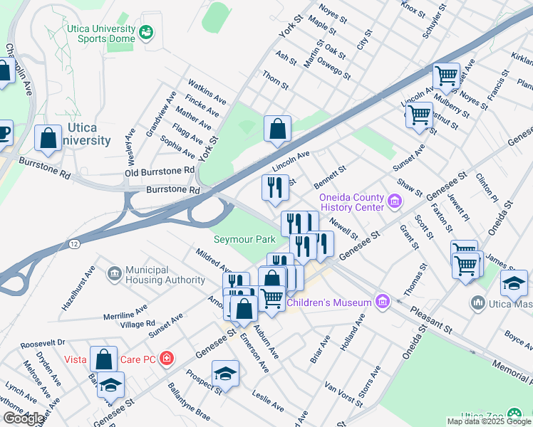 map of restaurants, bars, coffee shops, grocery stores, and more near 1669 Hager Street in Utica