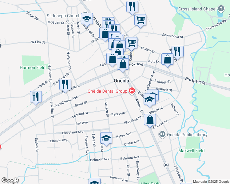 map of restaurants, bars, coffee shops, grocery stores, and more near 218 Broad Street in Oneida