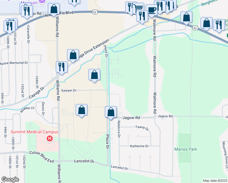map of restaurants, bars, coffee shops, grocery stores, and more near 6849 Plaza Drive in Niagara Falls