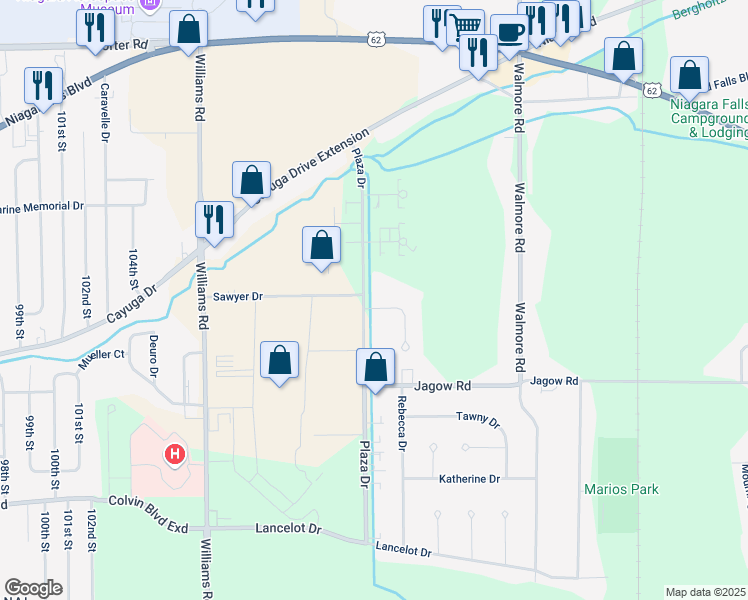 map of restaurants, bars, coffee shops, grocery stores, and more near 6849 Plaza Drive in Niagara Falls