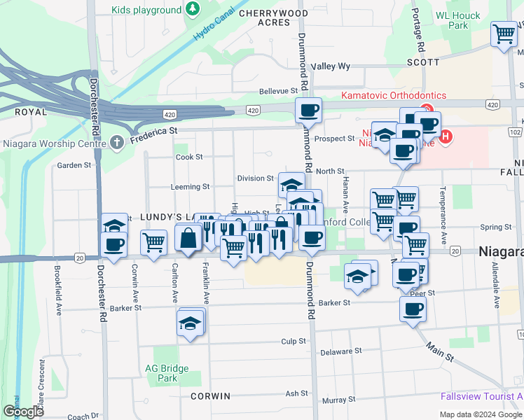 map of restaurants, bars, coffee shops, grocery stores, and more near in Niagara Falls