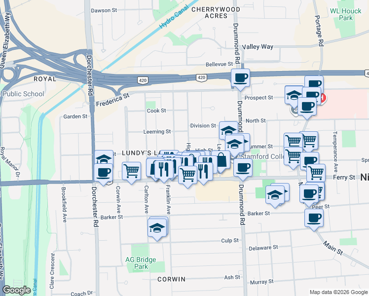 map of restaurants, bars, coffee shops, grocery stores, and more near in Niagara Falls