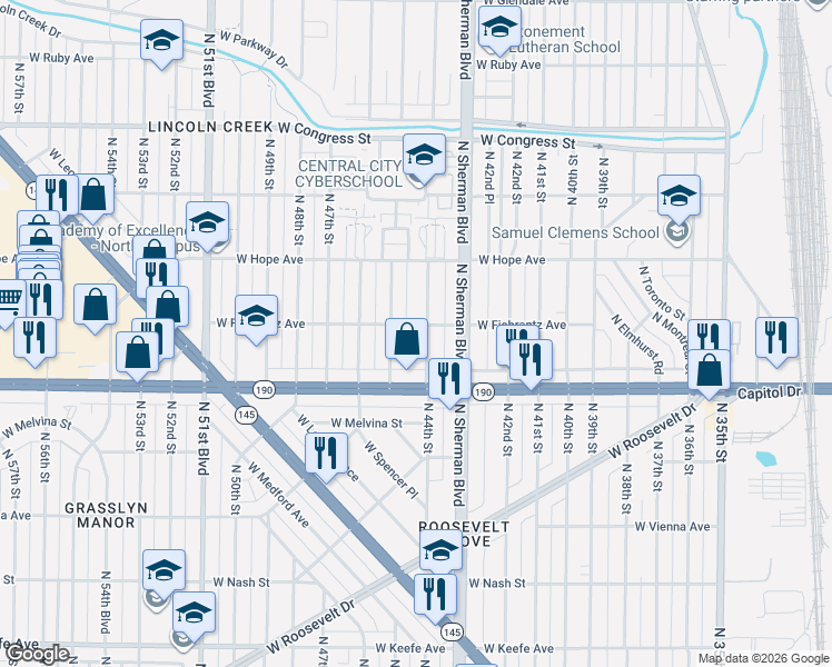 map of restaurants, bars, coffee shops, grocery stores, and more near 4111 North 44th Street in Milwaukee