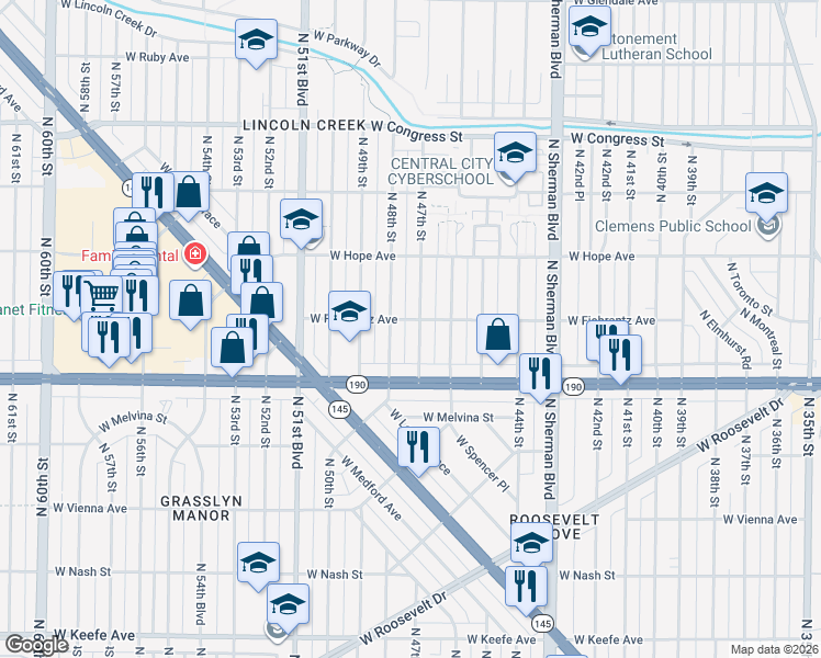 map of restaurants, bars, coffee shops, grocery stores, and more near 4112 North 47th Street in Milwaukee