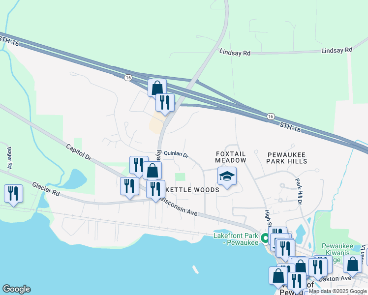 map of restaurants, bars, coffee shops, grocery stores, and more near 580 Foxtail Drive in Pewaukee
