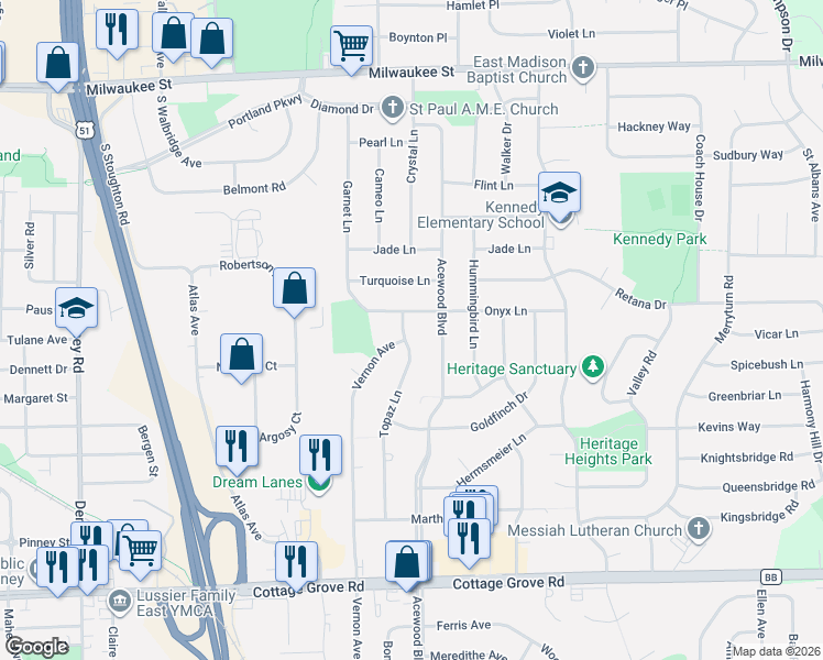 map of restaurants, bars, coffee shops, grocery stores, and more near 4530 Onyx Lane in Madison