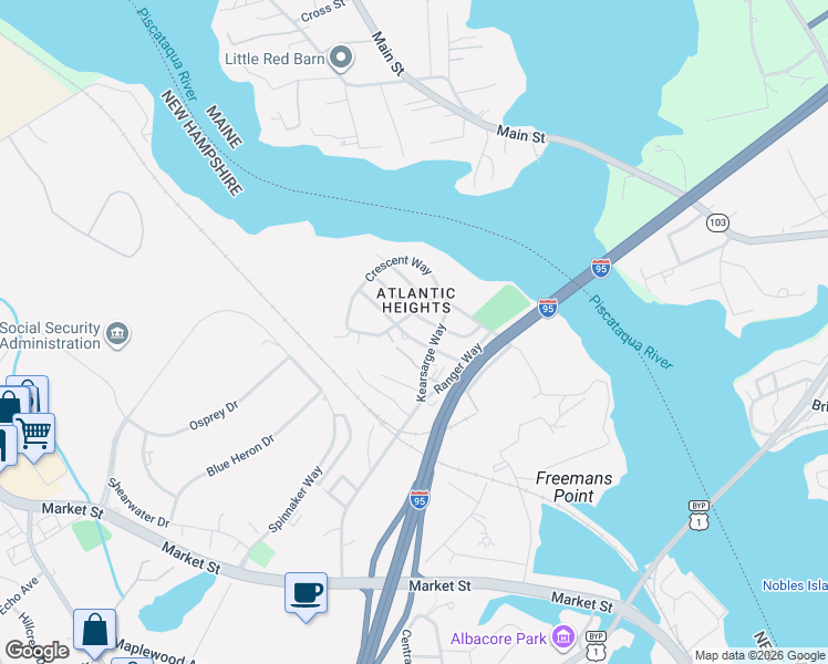 map of restaurants, bars, coffee shops, grocery stores, and more near 169 Concord Way in Portsmouth