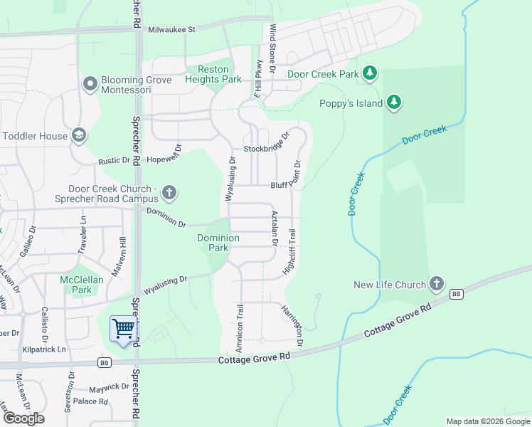 map of restaurants, bars, coffee shops, grocery stores, and more near 533 Aztalan Drive in Madison