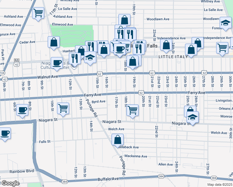 map of restaurants, bars, coffee shops, grocery stores, and more near 1700 Ferry Avenue in Niagara Falls