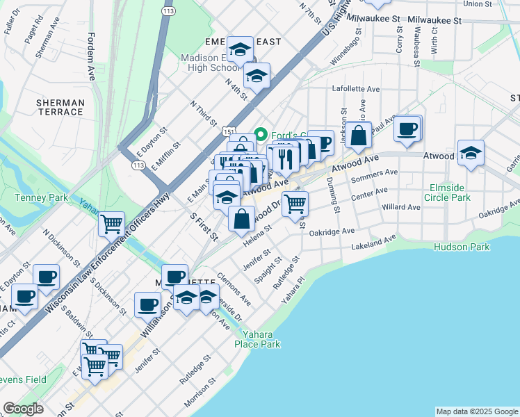 map of restaurants, bars, coffee shops, grocery stores, and more near 2010 Eastwood Drive in Madison