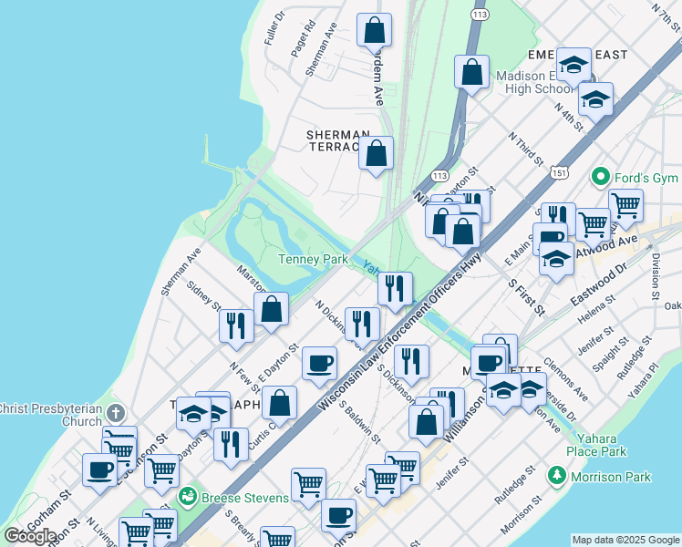 map of restaurants, bars, coffee shops, grocery stores, and more near 1441 East Johnson Street in Madison