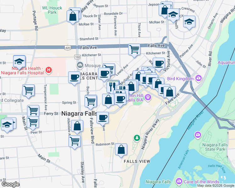 map of restaurants, bars, coffee shops, grocery stores, and more near 5195 Magdalen Street in Niagara Falls