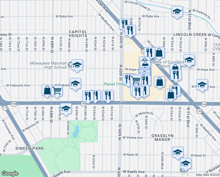 map of restaurants, bars, coffee shops, grocery stores, and more near 4061 North 61st Street in Milwaukee