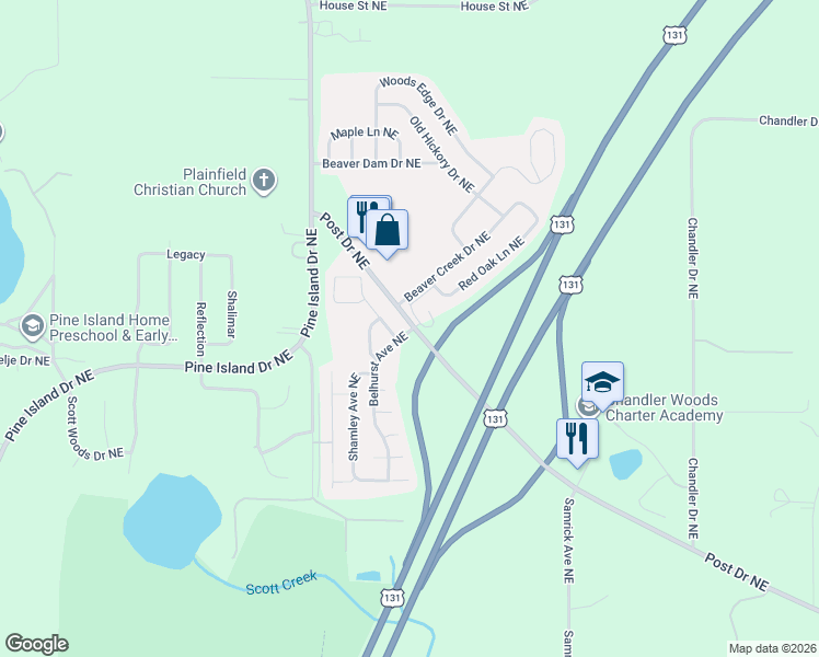map of restaurants, bars, coffee shops, grocery stores, and more near 1355 Post Drive Northeast in Plainfield charter Township