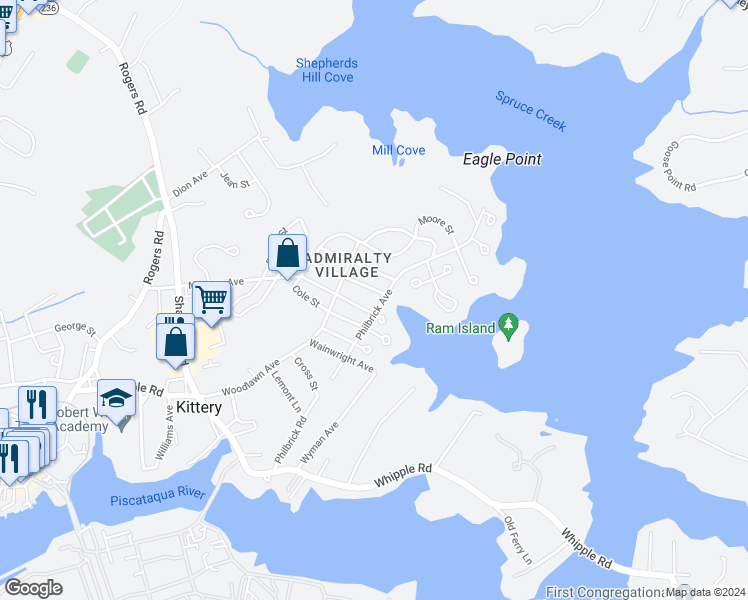 map of restaurants, bars, coffee shops, grocery stores, and more near 32 Halstead Street in Kittery