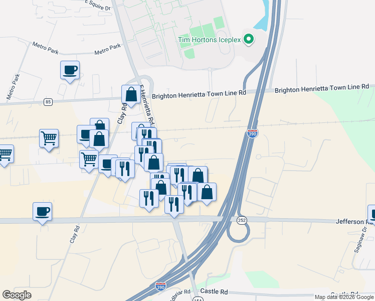 map of restaurants, bars, coffee shops, grocery stores, and more near 1450 East Henrietta Road in Rochester