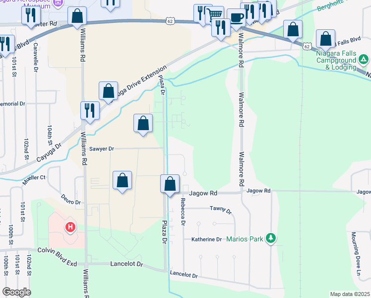 map of restaurants, bars, coffee shops, grocery stores, and more near 6861D Nickis Lane in Niagara Falls
