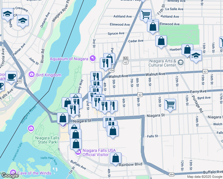 map of restaurants, bars, coffee shops, grocery stores, and more near 542 5th Street in Niagara Falls