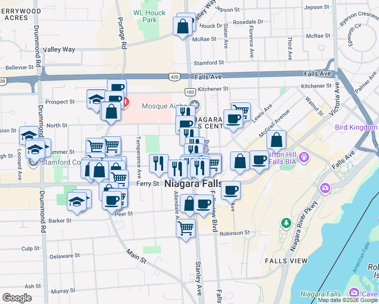 map of restaurants, bars, coffee shops, grocery stores, and more near 5687 Stanley Avenue in Niagara Falls