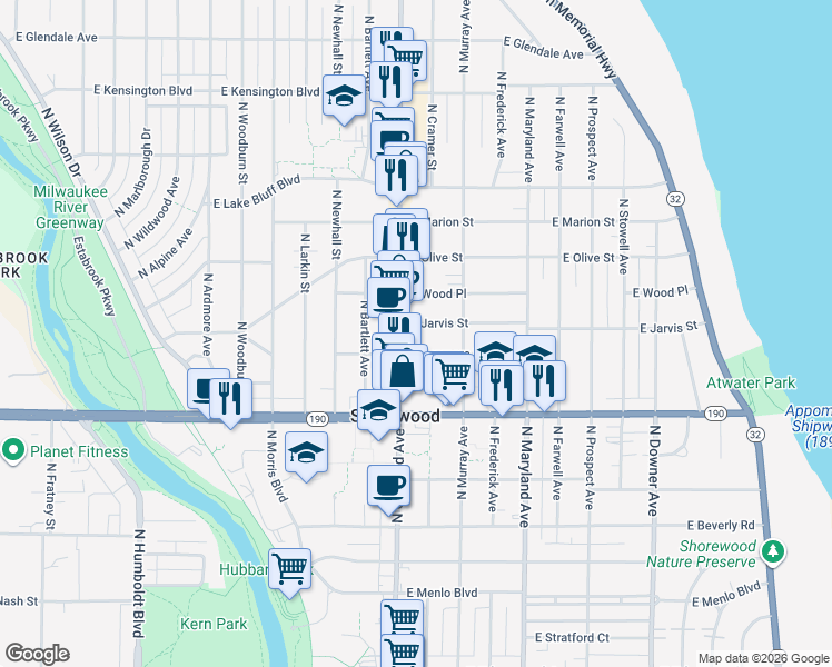 map of restaurants, bars, coffee shops, grocery stores, and more near 1818 East Jarvis Street in Shorewood