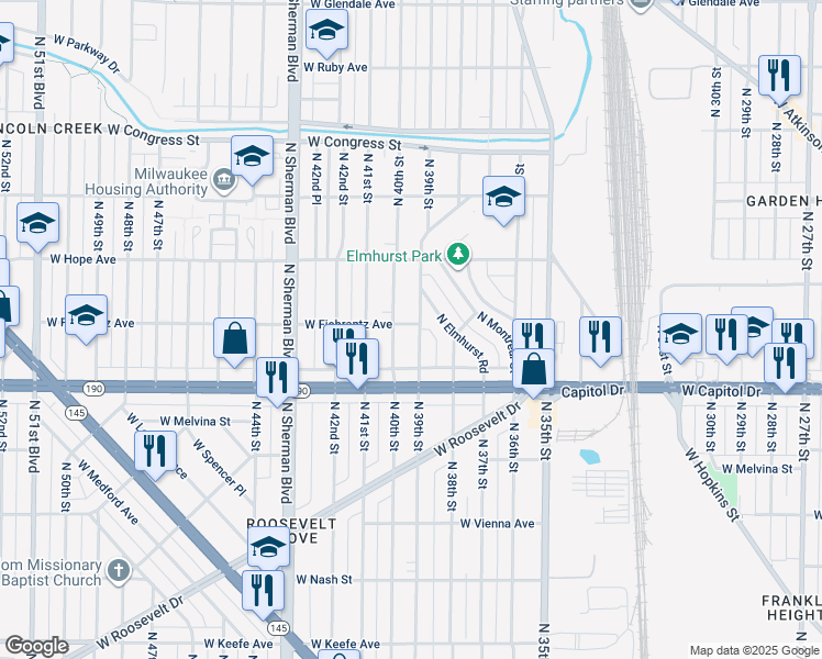 map of restaurants, bars, coffee shops, grocery stores, and more near 4108 North 40th Street in Milwaukee