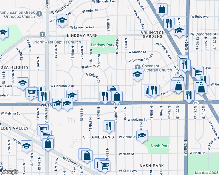 map of restaurants, bars, coffee shops, grocery stores, and more near 4108 North 85th Street in Milwaukee
