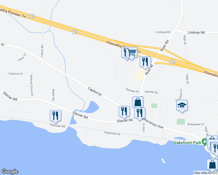 map of restaurants, bars, coffee shops, grocery stores, and more near 853 Quinlan Drive in Pewaukee