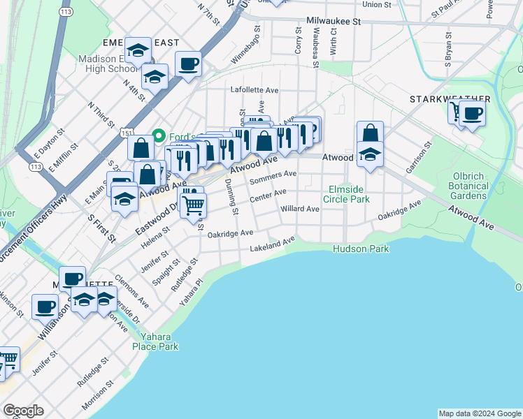 map of restaurants, bars, coffee shops, grocery stores, and more near 2315 Center Avenue in Madison