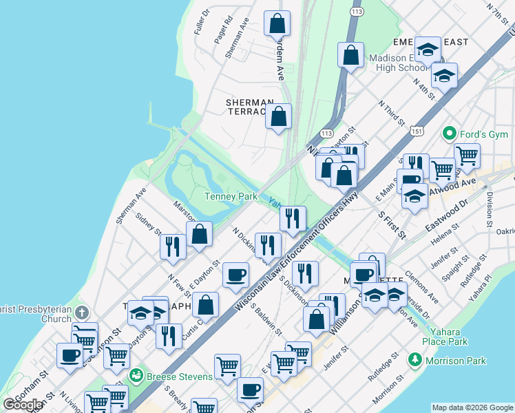 map of restaurants, bars, coffee shops, grocery stores, and more near 1445 East Johnson Street in Madison
