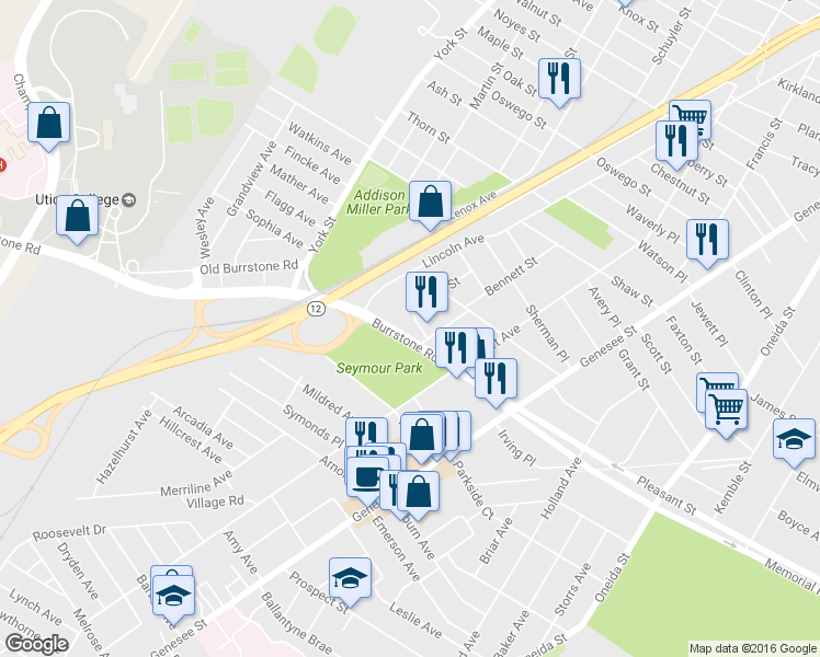 map of restaurants, bars, coffee shops, grocery stores, and more near 908 Burrstone Road in Utica